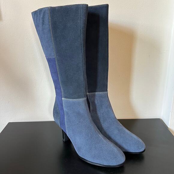 Aj Valenci Shoes - AJ Valenci Patchwork Blue Genuine Suede Leather Almond Toe Heeled Boots 8M